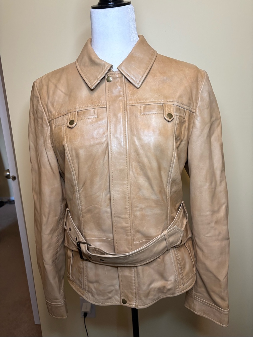 Women's Beige Leather Belted Jacket